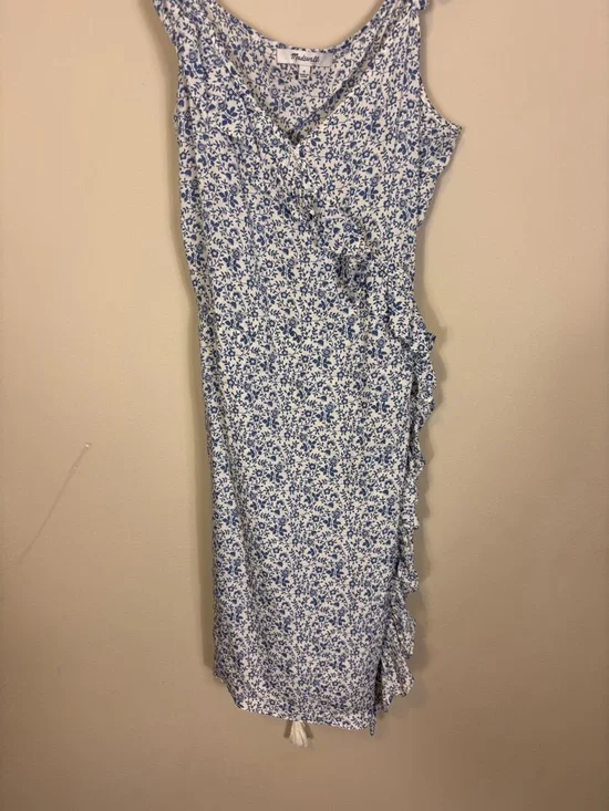 Madewell Blue & White Floral V Neck Wrap Dress with Ruffle Straps 6 - Picture 4 of 7